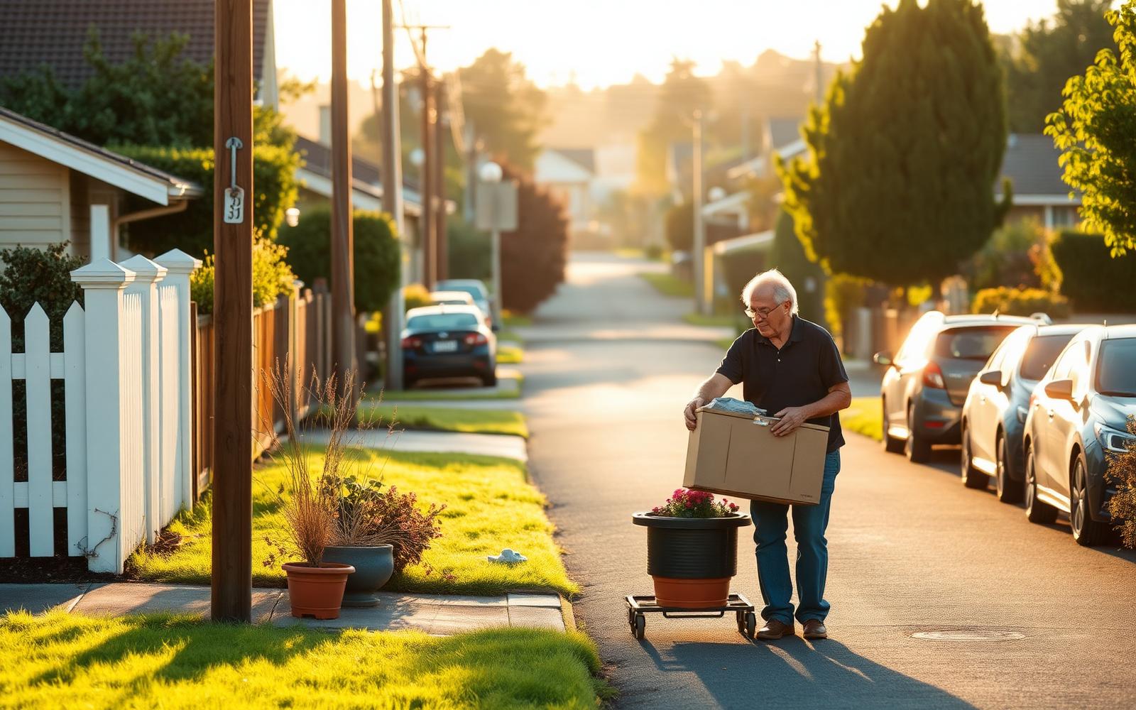 A neighbour helping carry boxes and pot plants along a sunlit New Zealand street